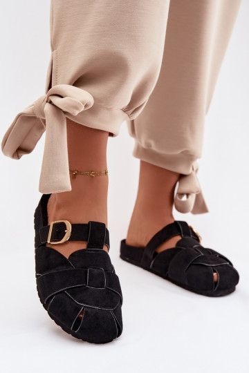 Mules pour femmes avec des bandes et des boucles dorées couleur noire Ganelle 2