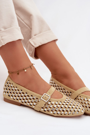 Ballerines pour femmes avec éléments ajourés, strass scintillants et bandes couleur jaune Nilvessa