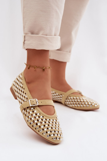 Ballerines pour femmes avec éléments ajourés, strass scintillants et bandes couleur jaune Nilvessa 2