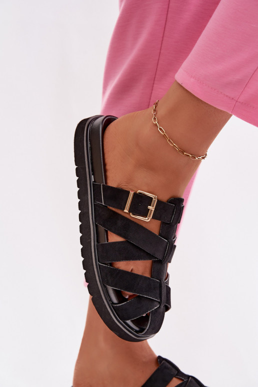 Chaussons avec lanières et boucles dorées noires Roselisse