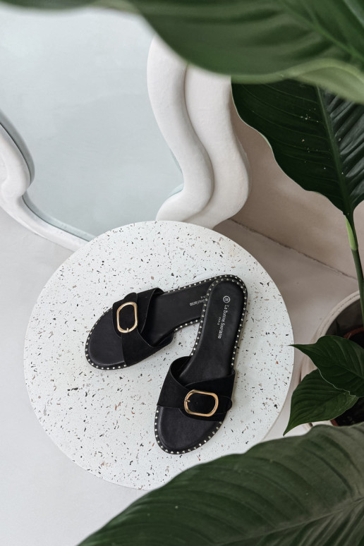 Chaussons avec talons larges et boucles dorées noires Selivelle