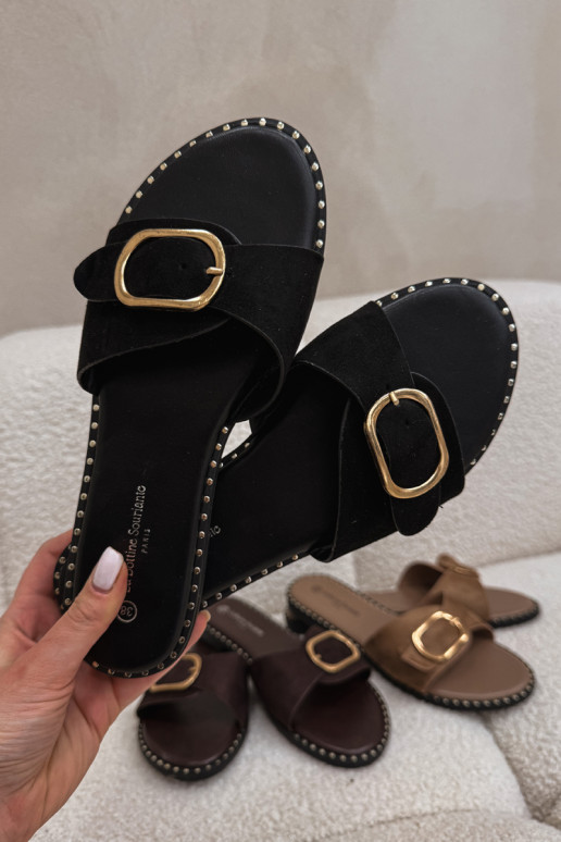 Chaussons avec talons larges et boucles dorées noires Selivelle