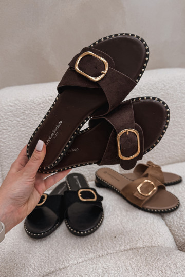 Chaussons pour femmes avec talons larges et boucles dorées couleur chocolat Selivelle 2