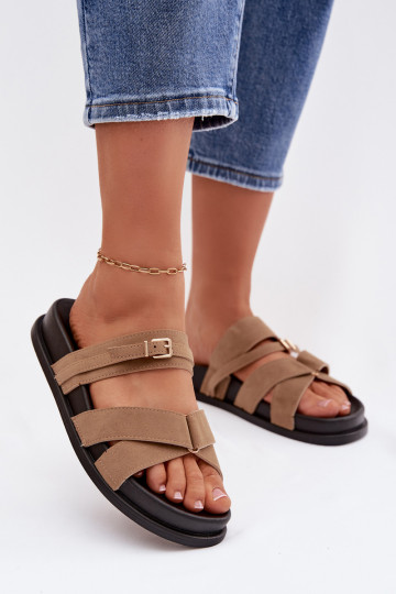 Chaussons pour femmes avec lanières et boucles dorées, couleur sable Selorina 2