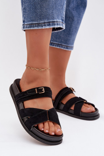 Chaussons pour femmes avec lanières et boucles dorées, couleur noire Selorina 2