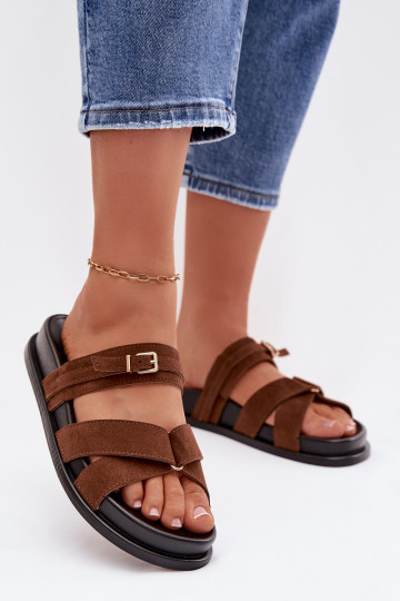 Chaussons pour femmes avec lanières et boucles dorées, couleur marron Selorina 2