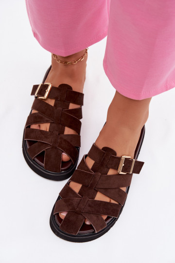 Chaussons pour femmes avec des bandes et des boucles dorées couleur chocolat Roselisse