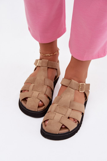 Sandales romaines pour femmes avec des boucles dorées et une plateforme couleur sable Terelina