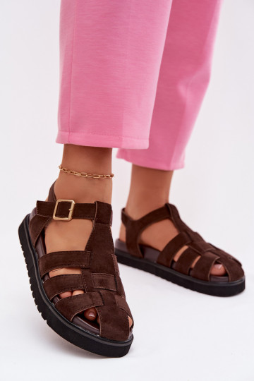 Sandales romaines pour femmes avec des boucles dorées et une plateforme couleur chocolat Terelina 2