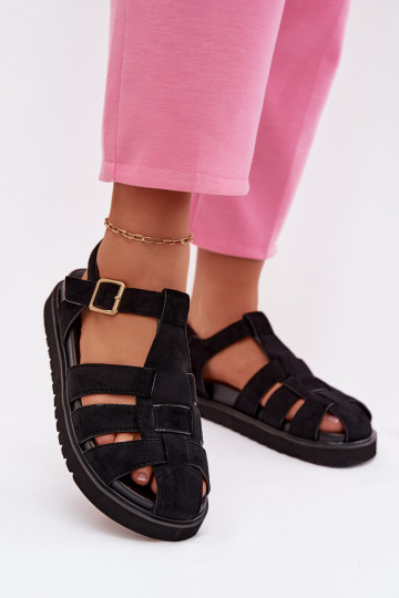 Sandales pour femmes Rzymianki avec boucles dorées avec une plateforme couleur noire Terelina