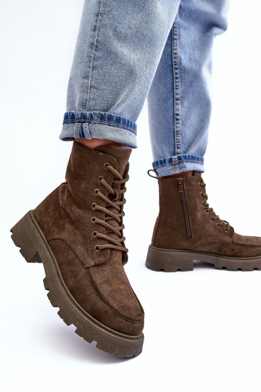 Chaussures en daim chaussures réchauffer avec des talons larges couleur kaki Zikey