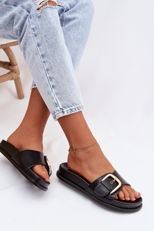 Pantoufles pour femmes avec boucles dorées couleur noire Rosivana