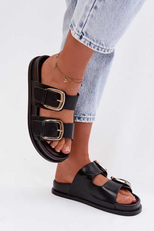 Pantoufles pour femmes Eko Peau Ze couleur doréemi avec bouclesmi couleur noire Tervessa