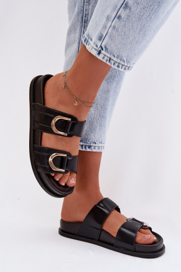 Pantoufles en simili cuir pour femmes avec des lanières de couleur noire Rosinessa