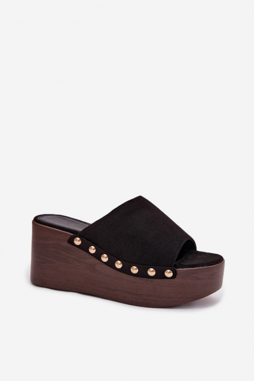 Pantoufles pour femmes Sur un coin Ze couleur doréemi Goujons en daim écologiqueoÀe couleur noire Helivina