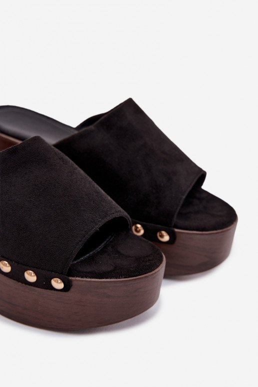 Pantoufles pour femmes Sur un coin Ze couleur doréemi Goujons en daim écologiqueoÀe couleur noire Helivina