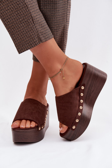 Pantoufles pour femmes Sur un coin Ze couleur doréemi Goujons en daim écologiqueoÀe marron Helivina 2