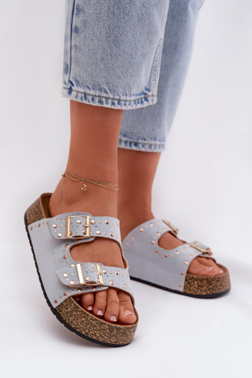 Pantoufles pour femmes Ze couleur doréemi avec bouclesmi Et des clous bleu clair Tervina 2