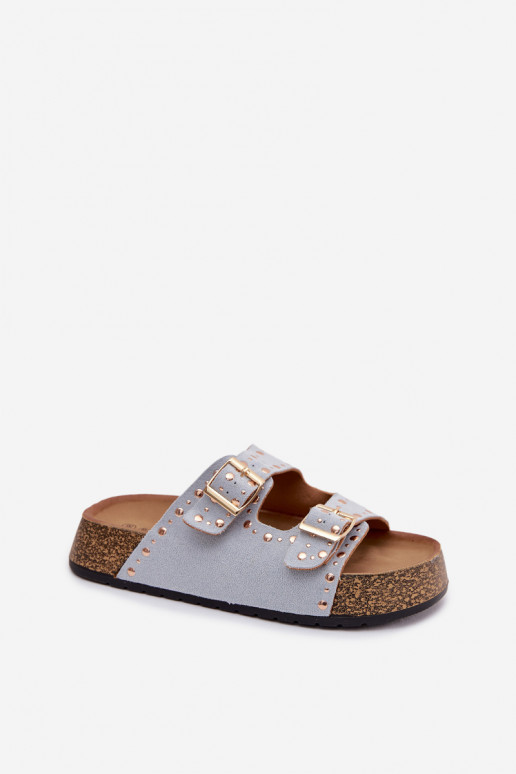 Pantoufles pour femmes Ze couleur doréemi avec bouclesmi Et des clous bleu clair Tervina