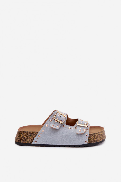 Pantoufles pour femmes Ze couleur doréemi avec bouclesmi Et des clous bleu clair Tervina