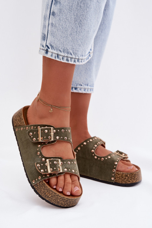 Pantoufles pour femmes Ze couleur doréemi avec bouclesmi Et des clous couleur kaki Tervina