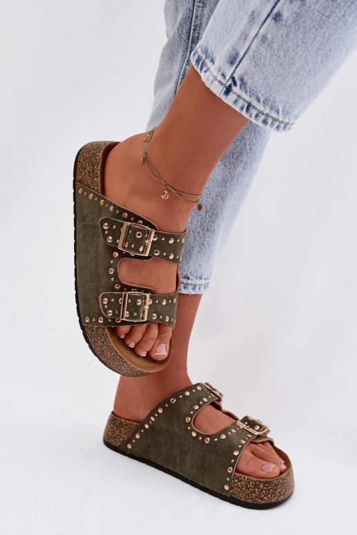 Pantoufles pour femmes Ze couleur doréemi avec bouclesmi Et des clous couleur kaki Tervina