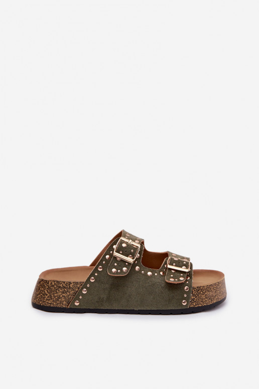 Pantoufles pour femmes Ze couleur doréemi avec bouclesmi Et des clous couleur kaki Tervina