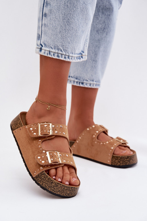 Pantoufles pour femmes Ze couleur doréemi avec bouclesmi Et des clous marron Tervina