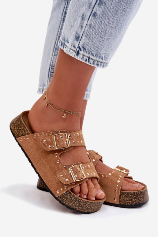 Pantoufles pour femmes Ze couleur doréemi avec bouclesmi Et des clous marron Tervina