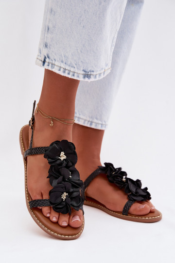 Sandales à semelles plates pour femmes avec des motifs floraux de couleur noire Noemia 2