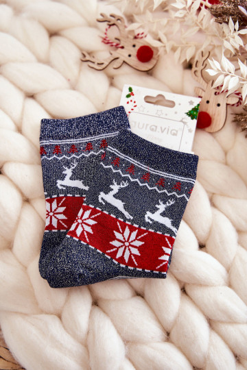 Chaussettes de Noël pour femmes avec paillettes Renne couleur bleu foncé