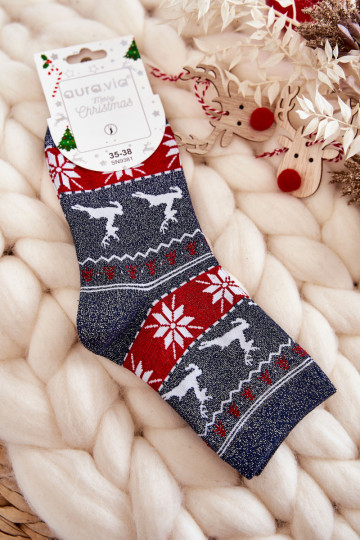 Chaussettes de Noël pour femmes avec paillettes Renne couleur bleu foncé 2