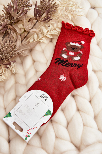 Chaussettes de Noël pour femmes avec paillettes et ourson couleur rouge