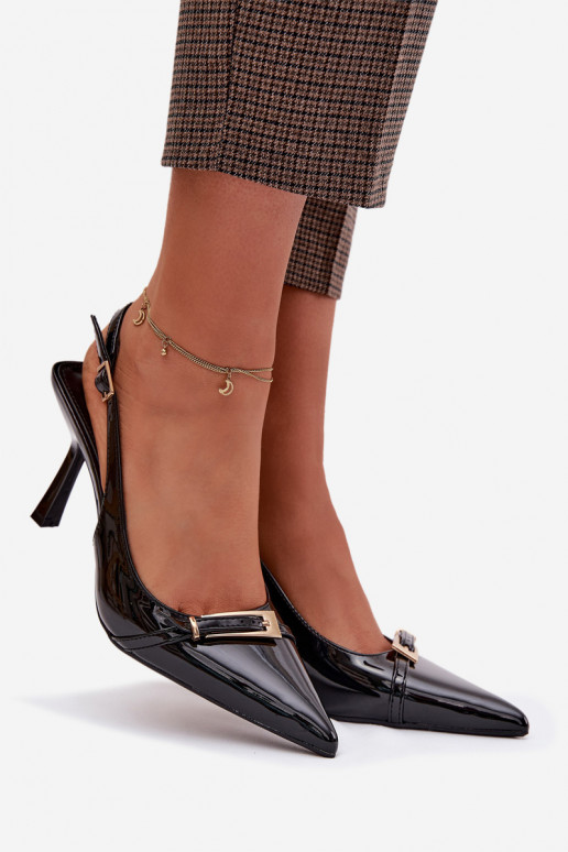 Sandales laquées pour femme avec des talons fins avec boucles dorées couleur noire Bellivra