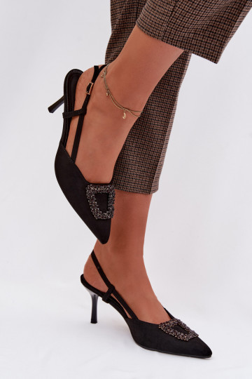 Sandales pour femmes avec talons fins et ornements, noires, Ismeria