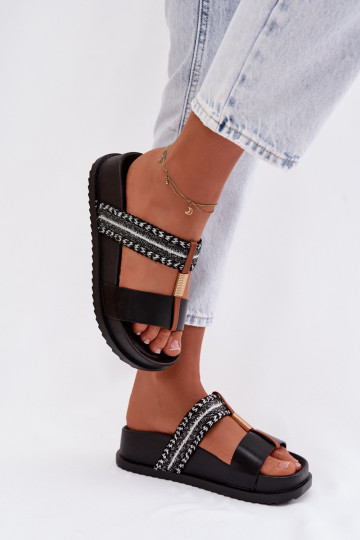 Pantoufles pour femmes avec une plateforme avec des bandes I couleur doréem Detalem couleur noire Tahlia