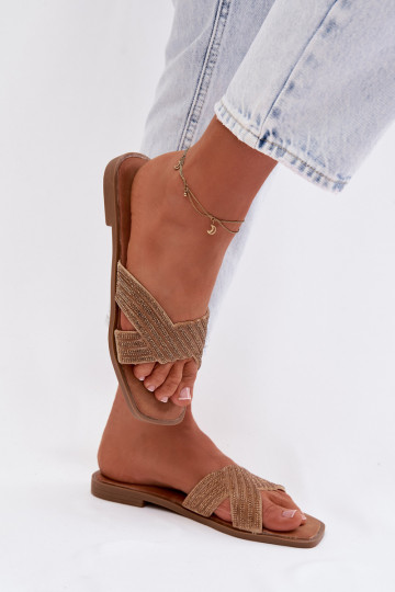 Chaussons pour femmes avec larges talons et strass, dorés, Zinnia