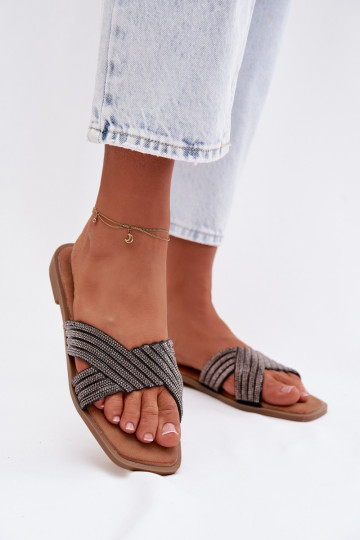 Chaussons pour femmes avec larges talons et strass, noires, Zinnia