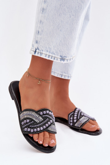 Chaussons décorés avec larges talons, noires, Dovima 2