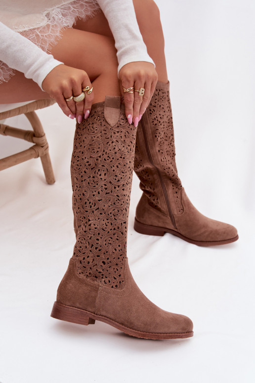 avec des éléments ajourés bottes pour femmes avec des talons larges S.Barski HY61-8023 marron