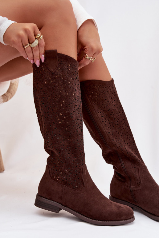 avec des éléments ajourés bottes pour femmes avec des talons larges S.Barski HY61-8023 CzekoladoÀe