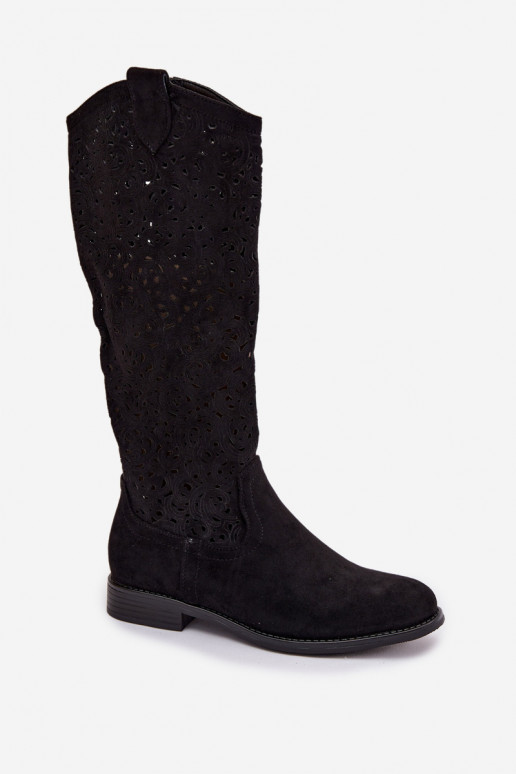 avec des éléments ajourés bottes pour femmes avec des talons larges S.Barski HY61-8023 couleur noire