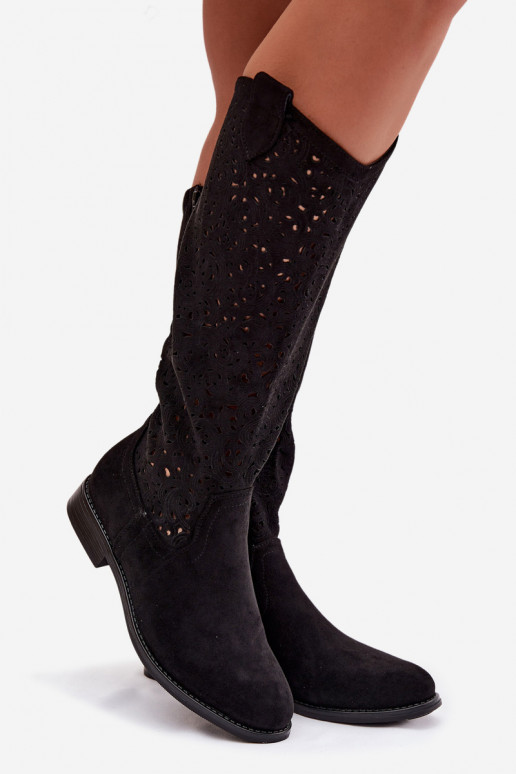 avec des éléments ajourés bottes pour femmes avec des talons larges S.Barski HY61-8023 couleur noire