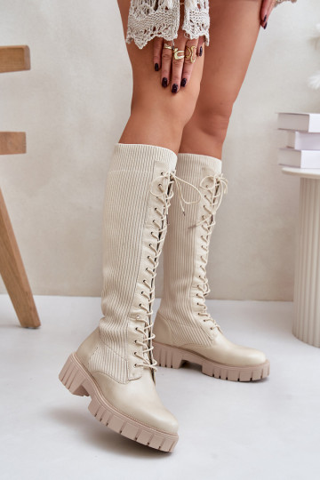 bottes pour femmes avec une semelle intérieure de type chaussette avec des lacets avec des talons larges beige Vamisha 2
