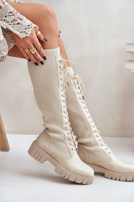 bottes pour femmes avec une semelle intérieure de type chaussette avec des lacets avec des talons larges beige Vamisha