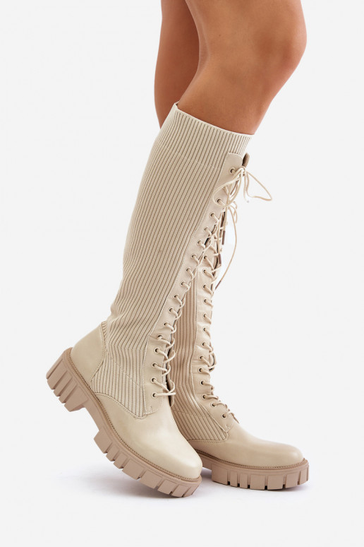 bottes pour femmes avec une semelle intérieure de type chaussette avec des lacets avec des talons larges beige Vamisha