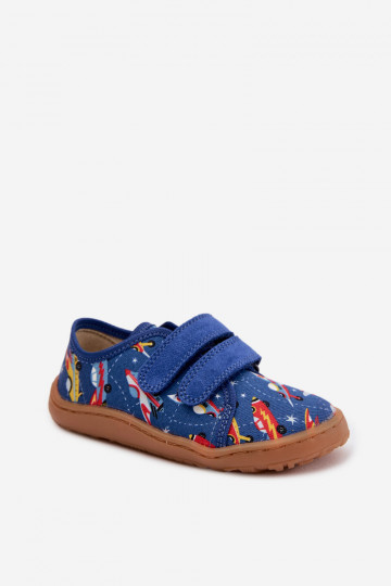 Pantoufles pour enfants Barefoot avec des vaisseaux spatiaux Froddo Canvas G1700440-5 couleur bleue