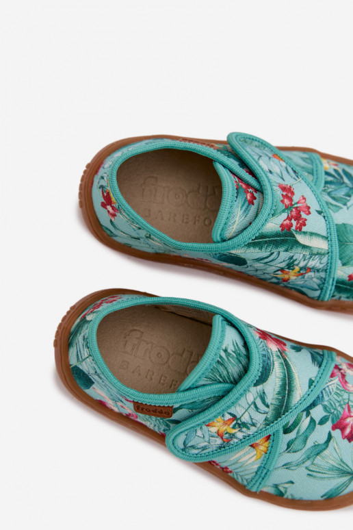 Chaussons Puéril avec attaches adhésives Barefoot avec des motifs floraux Liście Froddo G1700438-14 couleur menthe