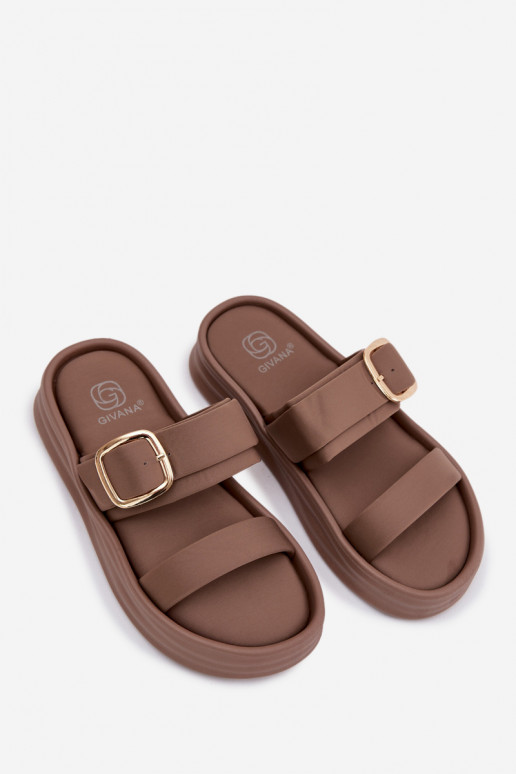  Pantoufles pour femmes avec une plateforme avec des bandes I Złotą avec boucles couleur kaki Ameliette