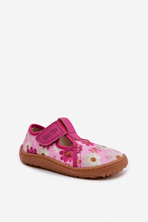 Chaussons Puéril avec attaches adhésives avec des fleurs Barefoot Froddo Cannvas G1700439-4 couleur rose